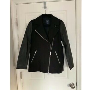NWT GAP Mixed Media Black Leather Sleeved Pea Coat